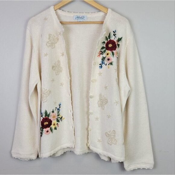 EMBROIDERED Grandma Knit Cardigan Floral Butterfly L Haband Vintage - Picture 2 of 16